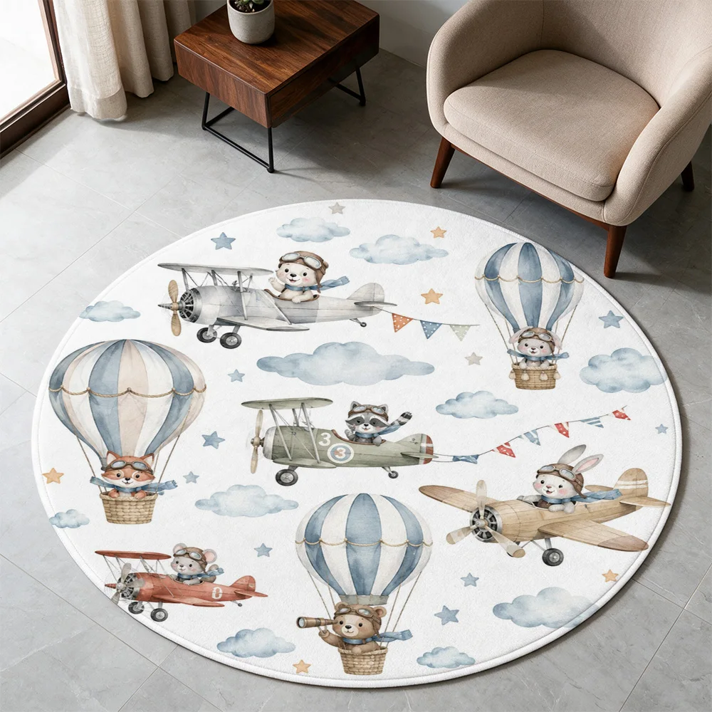 Cute Cartoon Airplane and Hot Air Balloon Nursery Rug for Baby Kids Playroom Decor Soft Washable Floor Mat