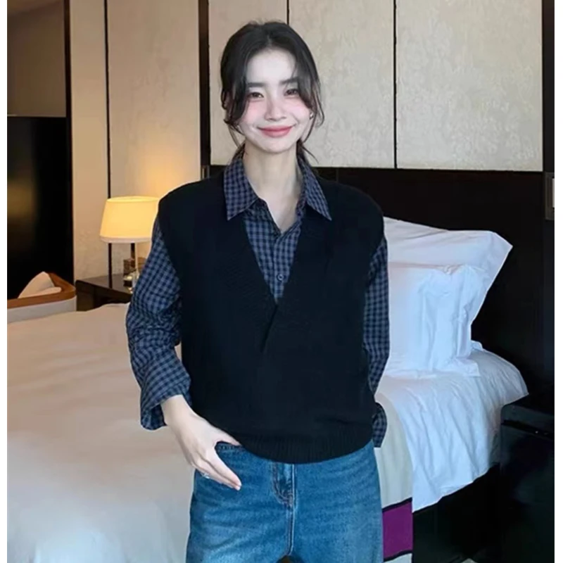 Retro V-ausschnitt Gestrickte Weste für Frauen Elegante Einfarbig Gestrickte Hemd Herbst/Winter Koreanische Ärmellose Gestrickte Pullover für Frauen