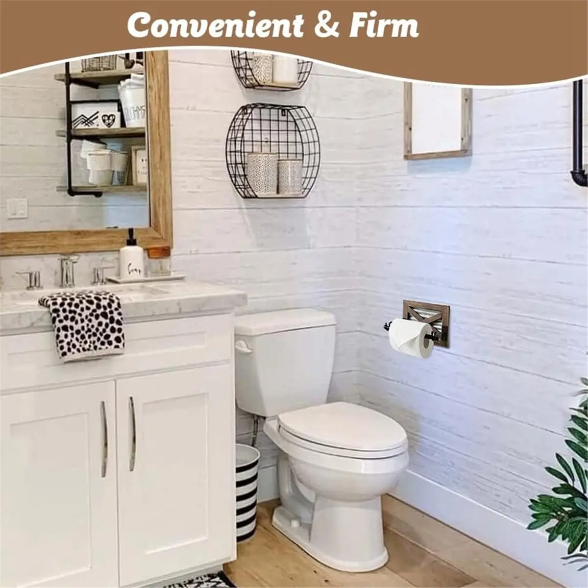 Farmhouse Toilet Paper Holder with Galvanized - Rustic Warm Brown Wood Wall Mount Toilet Roll Holder for Bathroom Decor