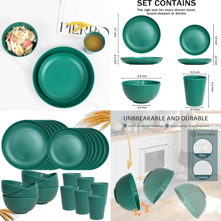 

24 Pcs Reusable Plastic Wheat Straw Dinnerware Set Including 6 Plates and Bowls for Outdoor Camping Picnic and Travel Use Unbre