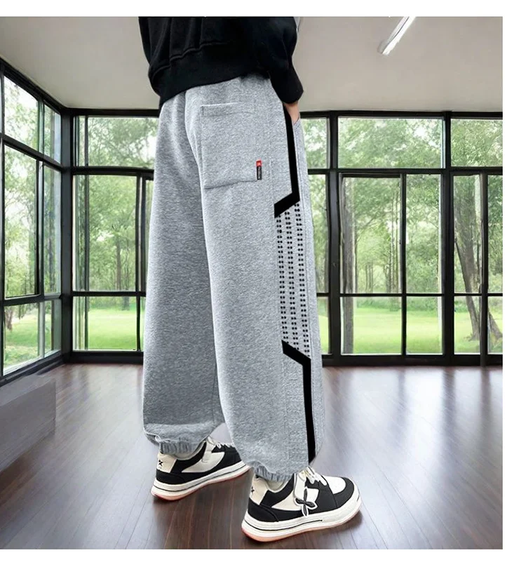 Hochwertige Jungen-Sporthosen, koreanische Kinderhosen mit Seitenstreifen, grau-schwarze lässige Baumwoll-Teenager-Jogginghosen, Kinderkleidung 5-14 Jahre – Detail 8