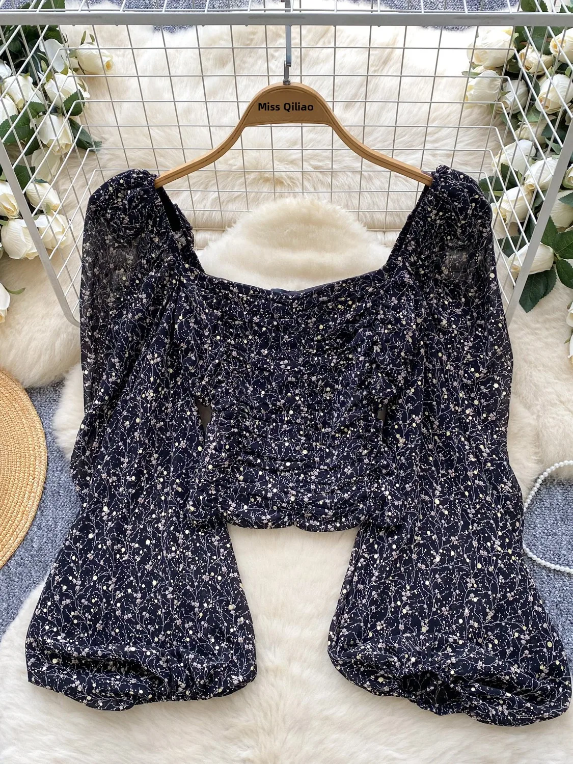 Csa Curta de Chiffon com Estampa Floral e Manga Bufante Estilo Francês para Mulheres Jovens, Respirável para a Temporada d...