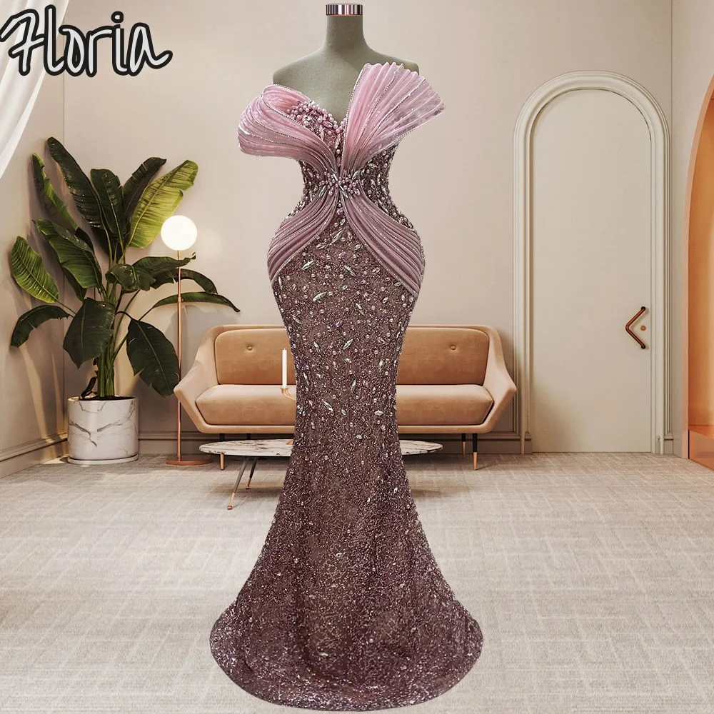 ที่กําหนดเองปิดไหล่ Mermaid ชุดราตรีไข่มุกหรูหราคริสตัลแขนกุดงานแต่งงานวินาทีแผนกต้อนรับชุด 3D Design