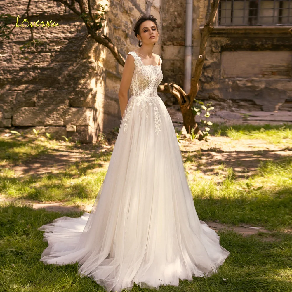 

Loverxu A-Line Elegant Wedding Dresses Boat Neck Sleeveless Vestido De Novia Lace Embroidery Vintage Custom Made Bridal Gown