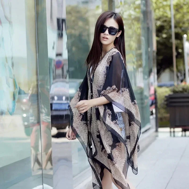 Fashion Women Ponchos Capes Summer Sunshade Imitation Silk Button Shawl Sunscreen Shawl Gift Silk Scarf Shawl Cloak Green