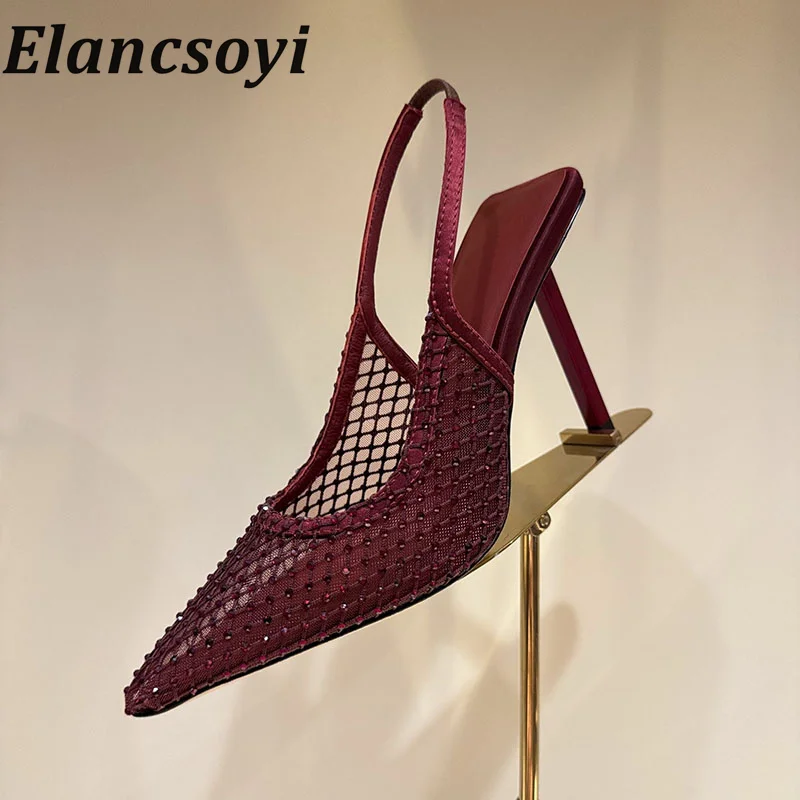 Sandals summer women's mesh hollow design high heels sandals pointed diamond decoration fashionable party dance shoes 2026