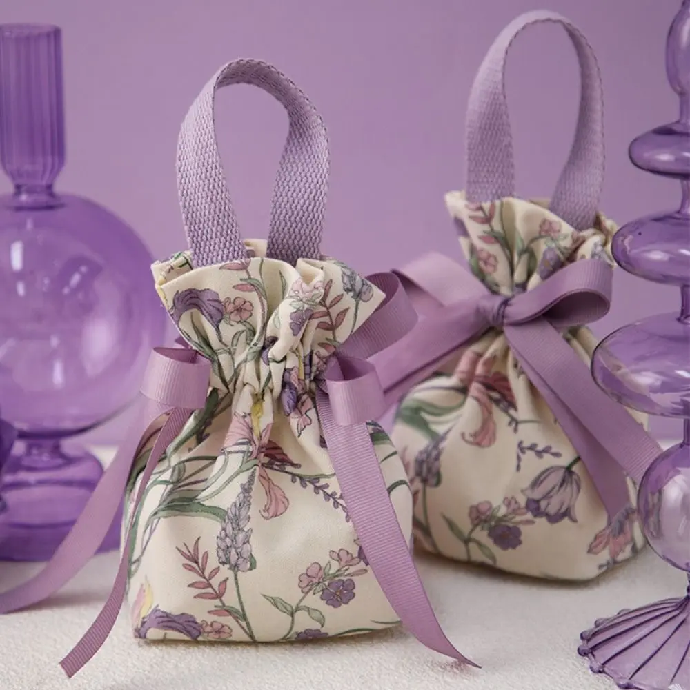 Traditional Canvas Wedding Candy Bag Drawstring Spring Festival New Year Gifts Bag Flower Bowknot Small Wrist Bag Party