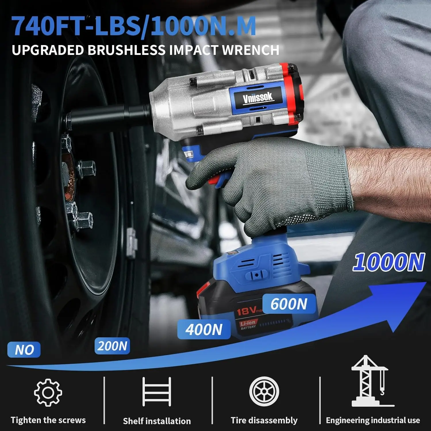 Impact Wrench, 1000N.m(740ft-lbs) High Torque Brushless Impact Gun with 2 x 4.0Ah Batteries, Electric Impact Driver for Car Tire