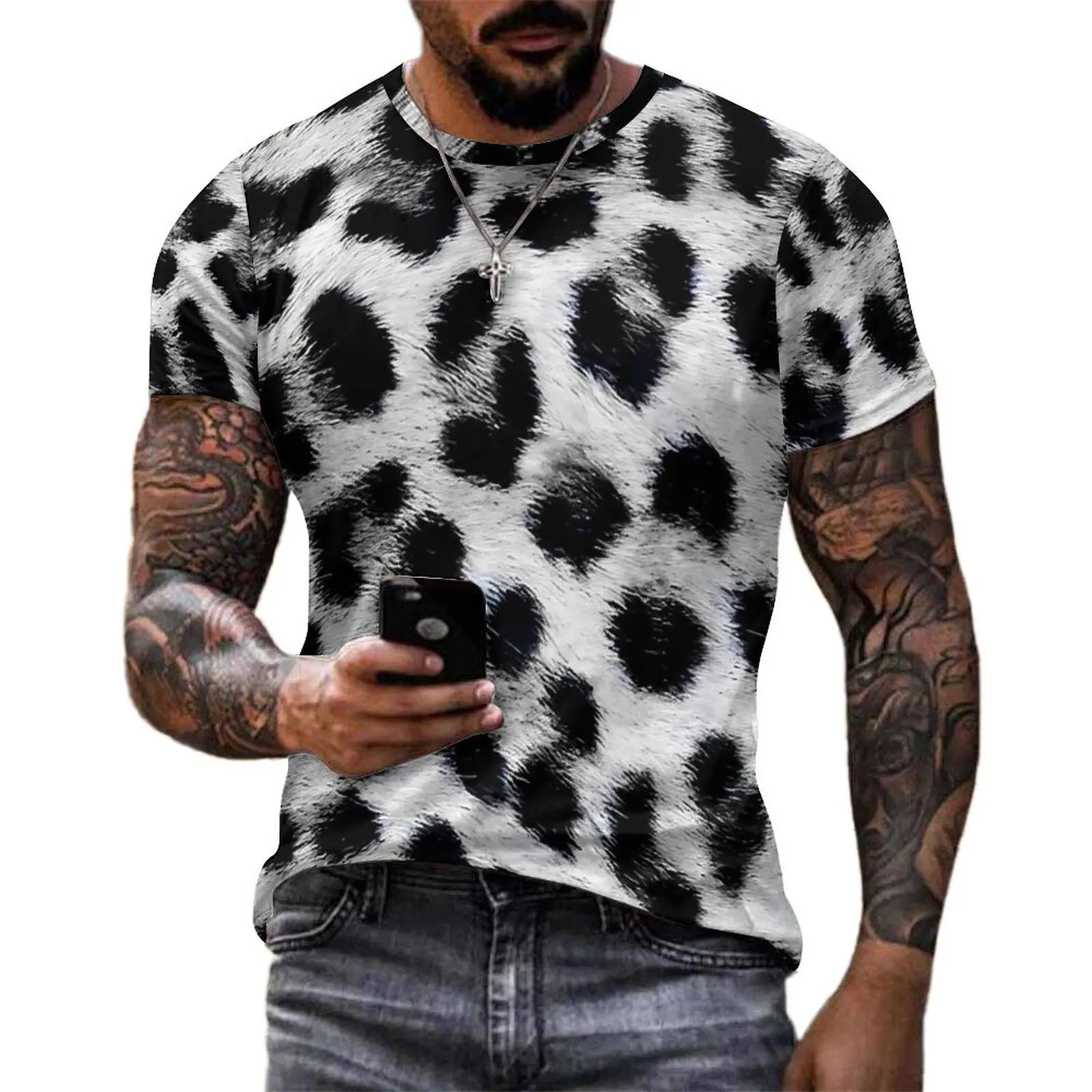 Snow Leopard Print T Shirt Animal Fashion T-Shirts Man Basic Tee Shirt Summer Short Sleeve Design Tops Plus Size 5XL 6XL