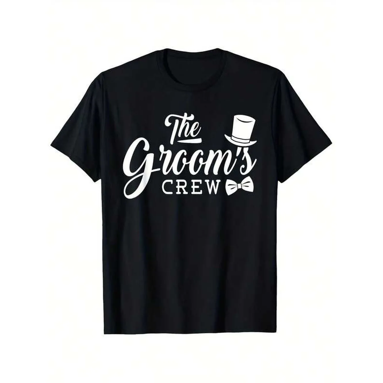 Men Black Grooms Crew Bachelor T-Shirt The Grooms Crew Wedding Graphic Tee With Top Hat Bow Tie Design Stretch Fabric For Stag Do GroomsMen