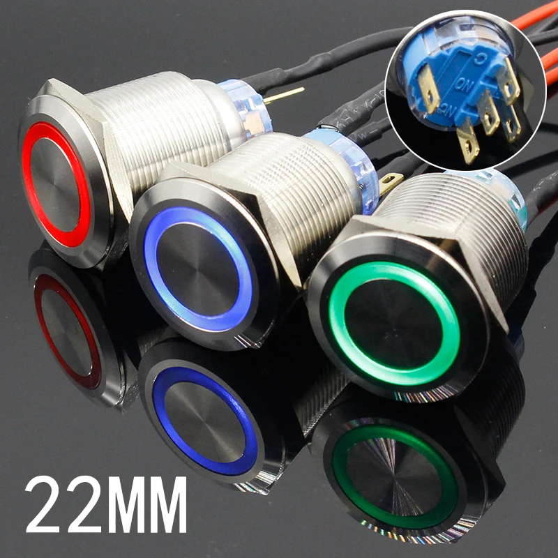 1PC Colorful Useful Durable 5V 12V 24V 220V 22mm LED Power Push Button Switch Momentary/Latching Waterproof Metal Self-Locking