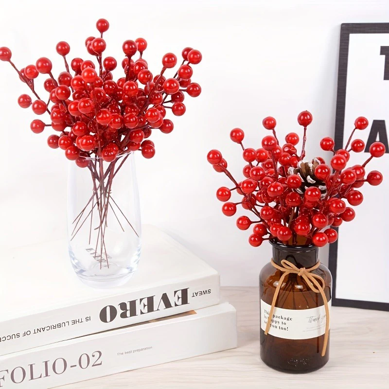 5/10/20Pcs Chritsmas Decoration Red Berry Branches Cherry Stamen For Home Decor Xmas New Year Gift Wedding Flowers Accessory