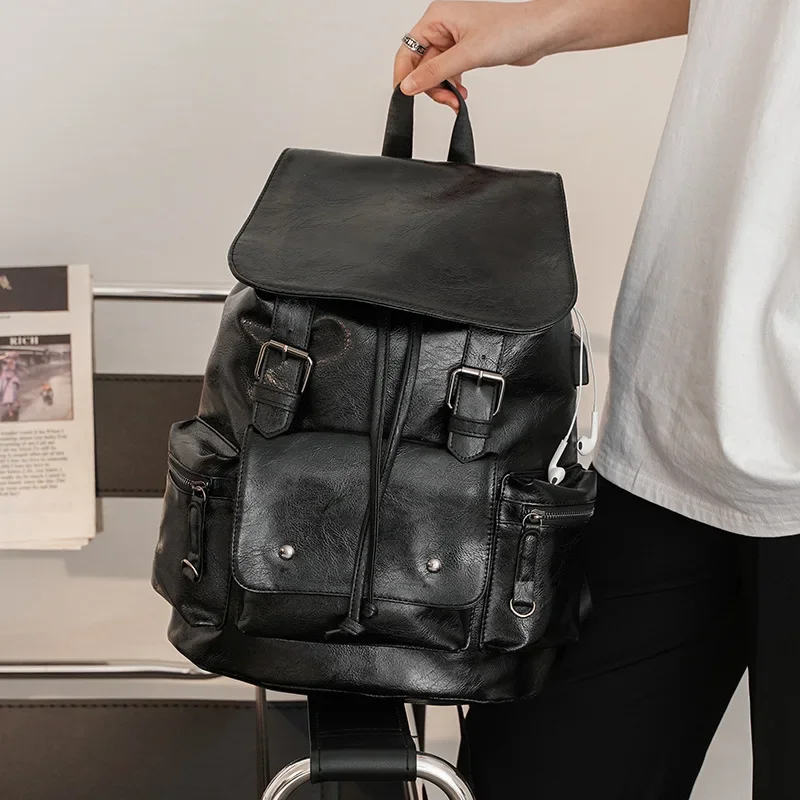 Ransel Kulit PU Kualitas Tinggi Ransel Pria Fashion Baru untuk Pria Ransel Pria Kapasitas Besar Solid dengan Tas Antarmuka USB