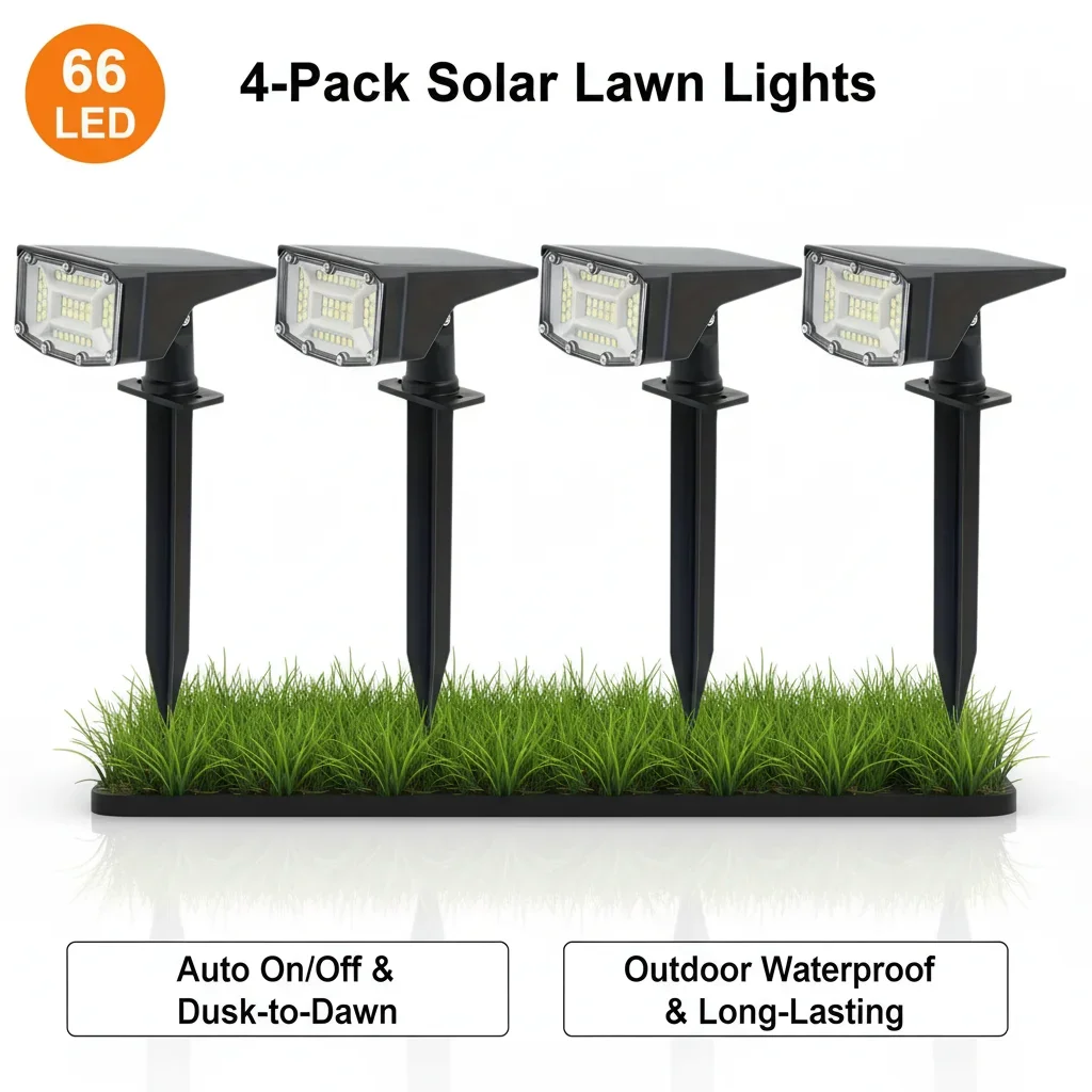Solar Lights Outdoor 4 Pack 66 LED Solar Pathway Lights Waterproof Garden Yard Landscape Lights Auto on Off Dusk To Dawn Sensor