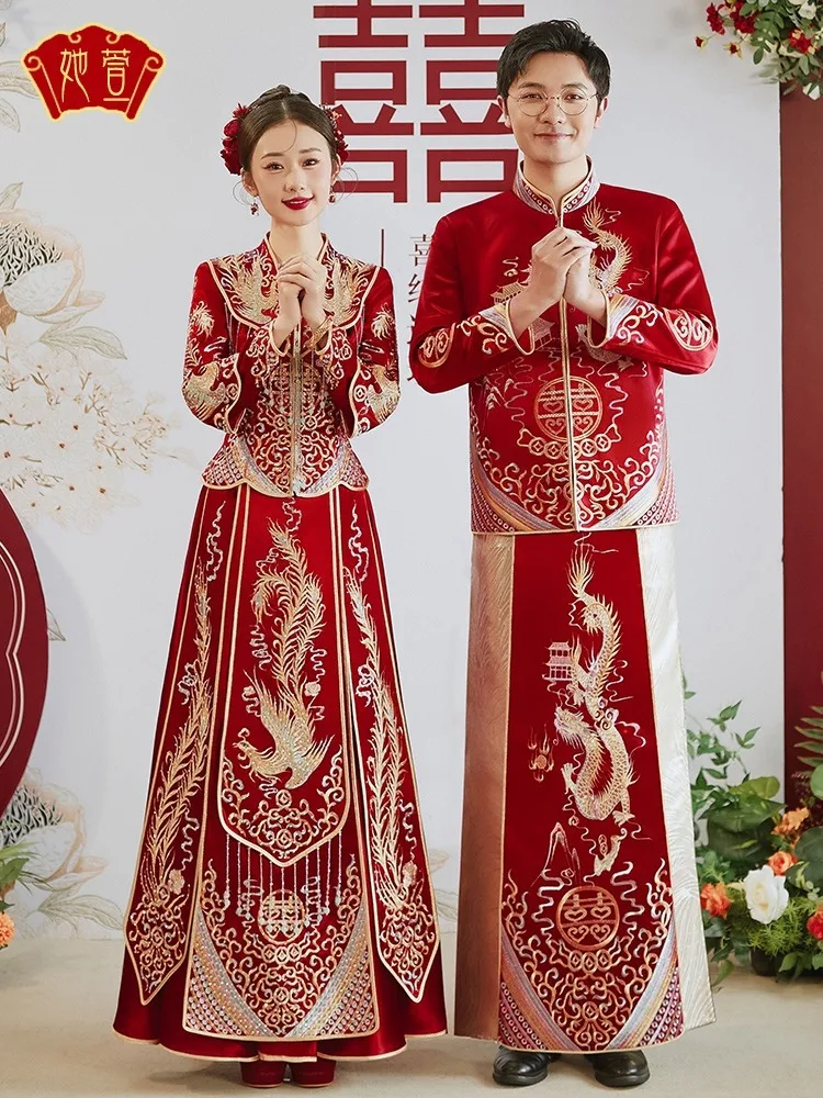 Lovers Wedding Dress Sparkly Sequins Dragon Phoenix Embroidery Cheongsam Chinese Style Beaded Tassel Qipao китайская одежда