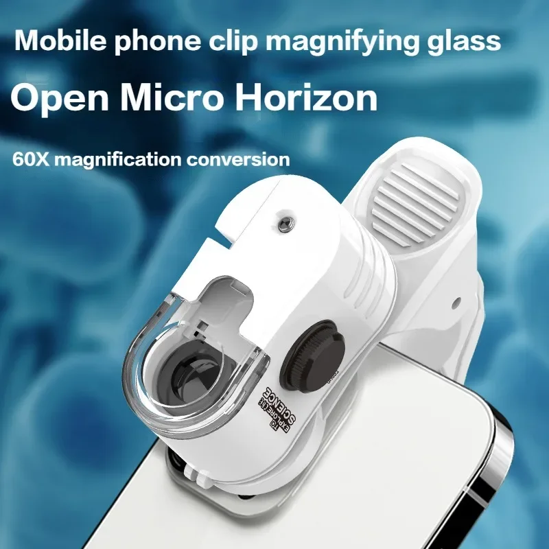 Magnifying Glass with Light 60x Zoom Microscope Magnifier LED UV Light Clip-on Micro Lens for Universal Cellphones for Teenager