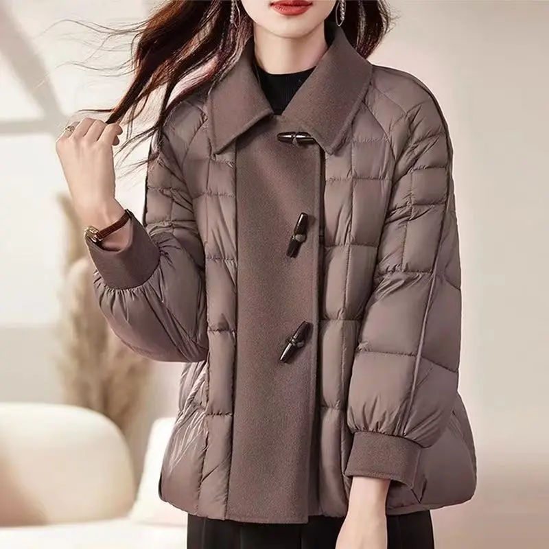 Autumn and Winter Women's Down Jacket Commuter Collar Horn Button Warm Jacket