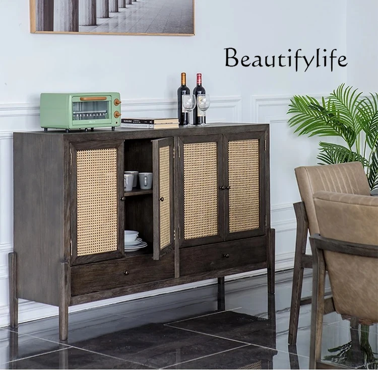 

Quiet Style Oak Meal Side Cabinet Double Open Locker B & B Complete Living Room Vintage Rattan Storage Side Cabinet