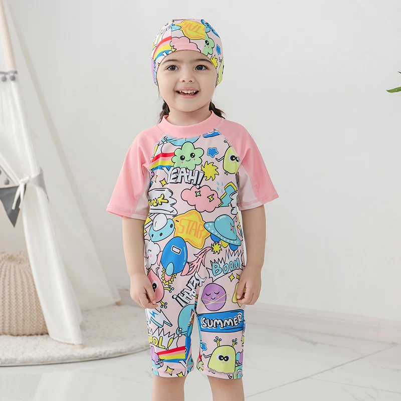 Children's Swimsuit Pink Cute Giraffe Bunny Print One Piece Girls Swimwear With Hat Beach Summer Baby 2~8 Years Kids Beachwear