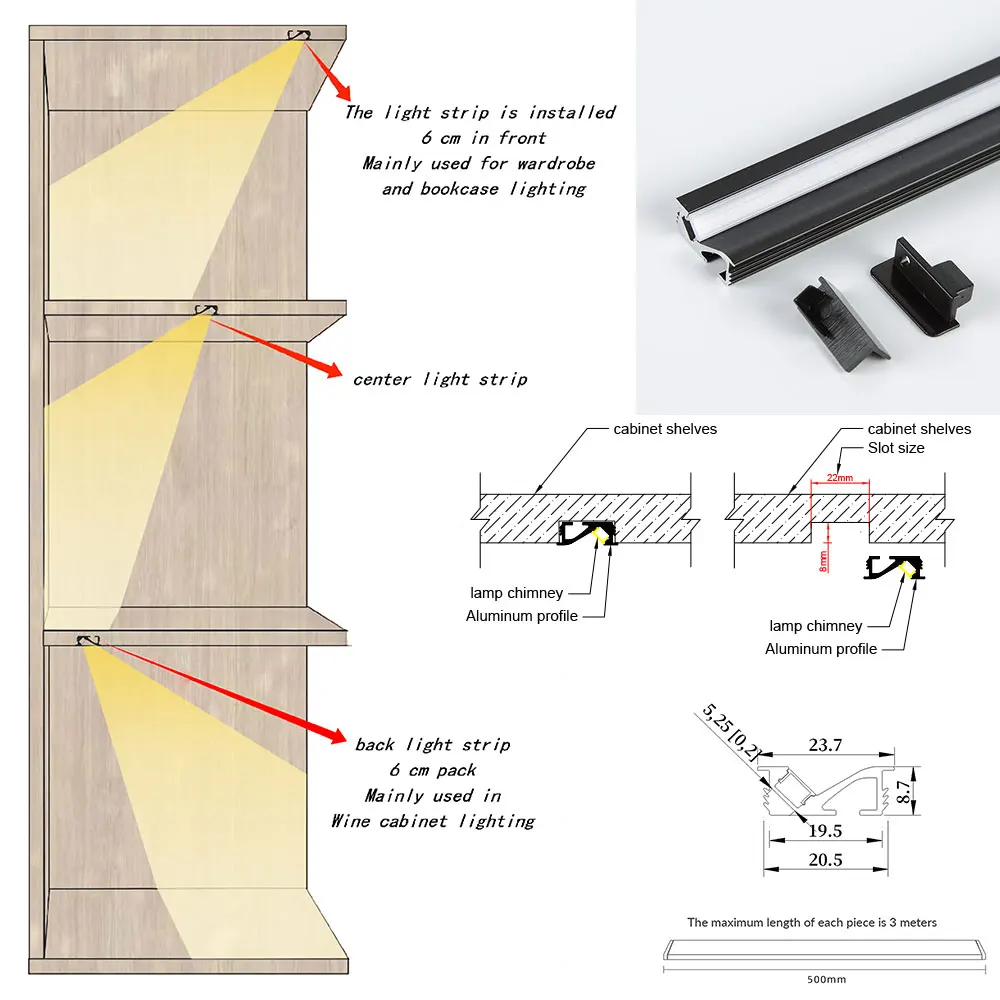 20x9mm 5 szt. 0.5m wszechstronne rozwiązanie oświetleniowe: profil aluminiowy LED kanał do szafek