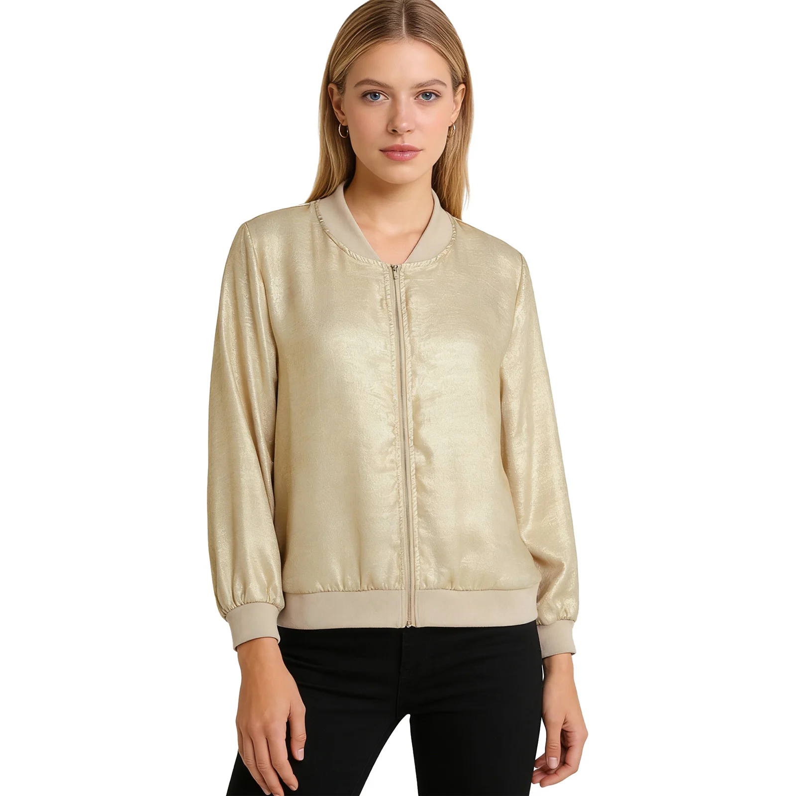 

Women Stylish Iridescent Metallic Baseball Jacket Outerwear Long Sleeve Front Zipper Ribbed Trim Bomber Coat Daily Streetwear