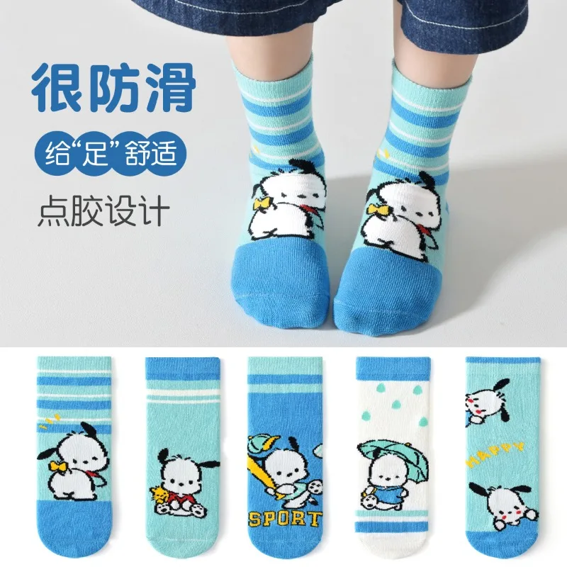 5Pairs Kawaii Sanrio Pochacco Socks Hello Kitty Kuromi Cinnamoroll Cartoon Student Stockings Girls Medium Tube Non-slip Socks