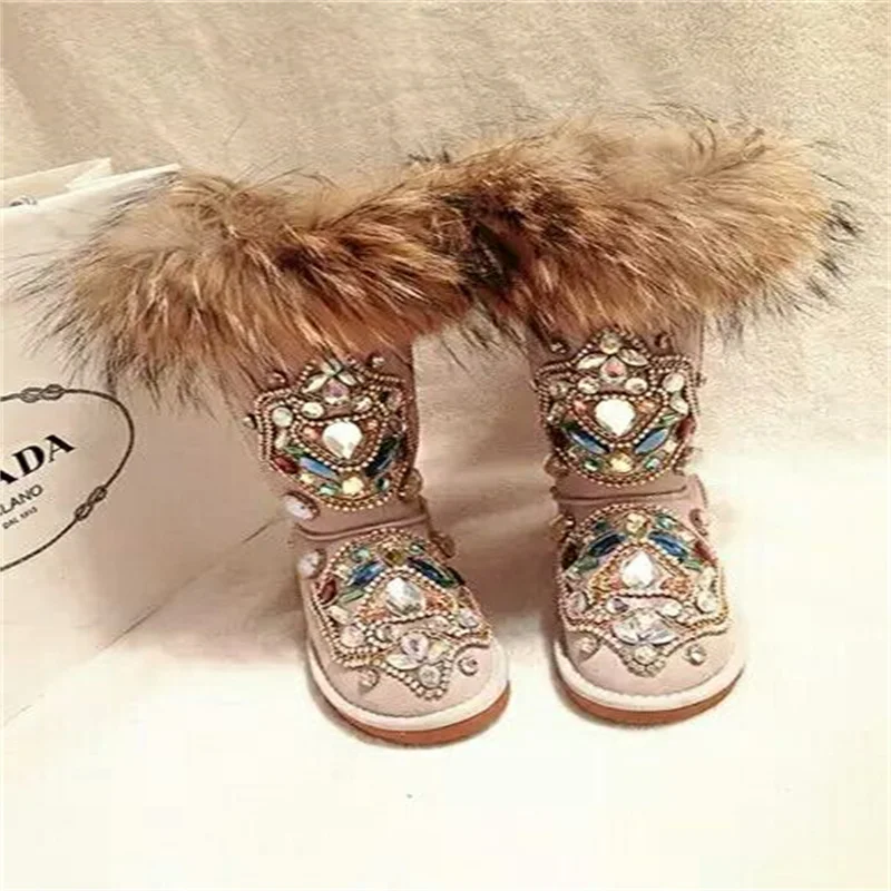 Custom rhine-diamond accessories natural fox hair tall tube women's large size fur one comfortable women's snow boots 35-44