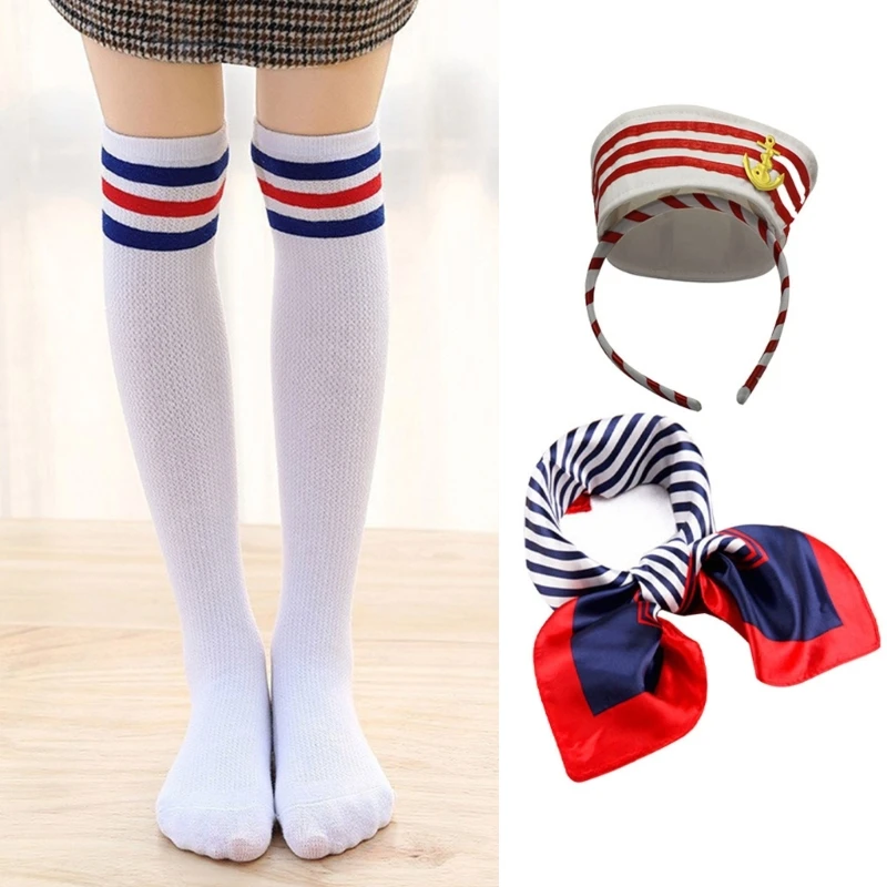 Sailor Hat & Stockings & Stripe Scarf/ Headband for Woman Male Sailor Hat Navy Round Hat Halloween Carnivals Supplies