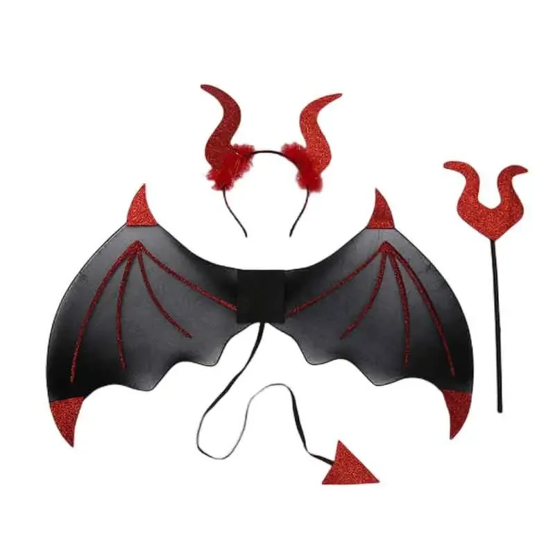 Children Boy Girl  Halloween Devil Wings with Tail Horn Headband and Fork Devil Costume Set  Party Cosplay Fancy Dress Red Black