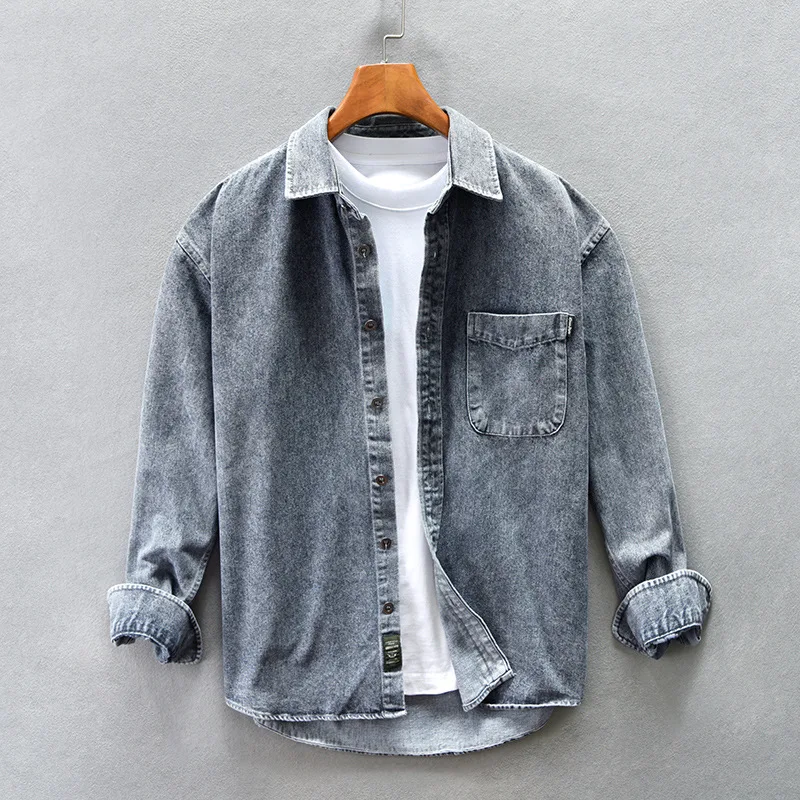 

Japanese Style Denim Shirt Men Causal Workwear Loose Jean Shirts Size 4XL Spring Autumn Mens Long Sleeve Shirt Vintage Clothes