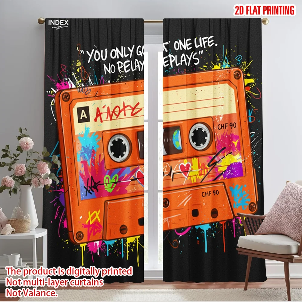 

2pcs 2D flat printing Scene Curtain Vintage Cassette Graphic Polyester Without Electricity Birthday Party Perfect for Yard &