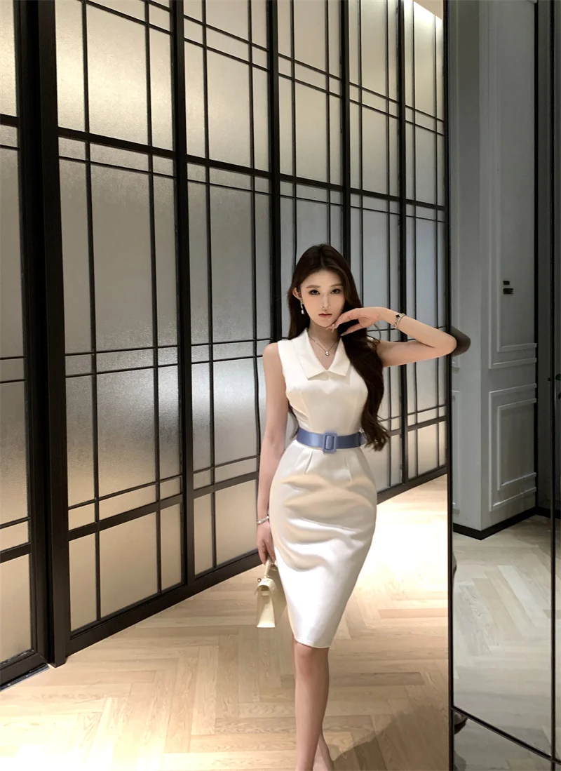 

Gothiscyn French Commuter Dress for Women'a Summer Slim Fit Turn-down Collar Belt Knee Length Dress Fashion Female Clothes