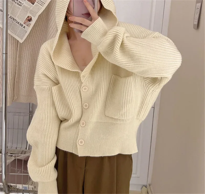 

Casual Women Sweaters Cardigan Solid Hooded Single Breasted Elegant Long Sleeve Thick Warm Jumpers Pockets Office Lady