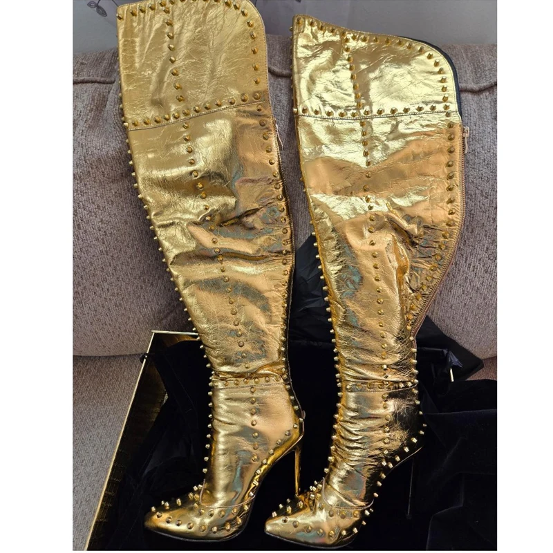 

Женские зимние ботинки на шпильке с заклепками и принтом Burst Crack, зима 2026, пикантные зеленые ботинки до бедра на высоком каблуке с молнией сзади, женская обувь