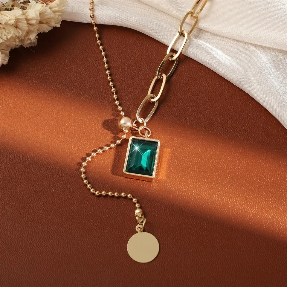 Trendy Square Stainless Steel Green Zirconia Pendant Necklaces For Women Girls Gold Color Metal Round Drop Jewelry Birthday