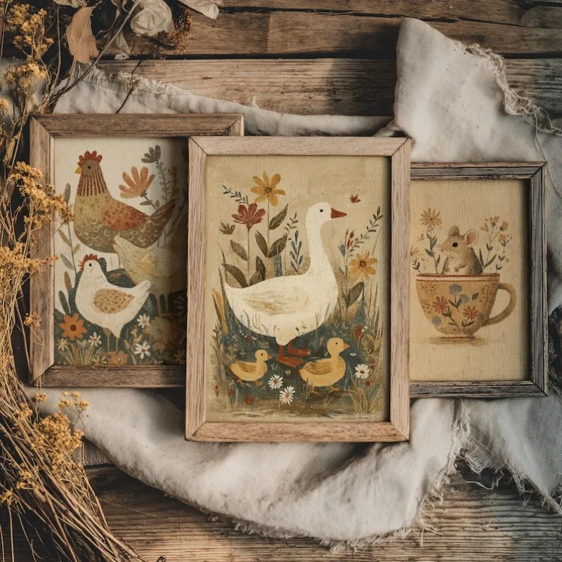 1/3pcs Chicken Goose & Mouse Farmhouse Animal Canvas Prints Retro Country Kitchen Nursery Wall Art Posters for Modern Home Decor