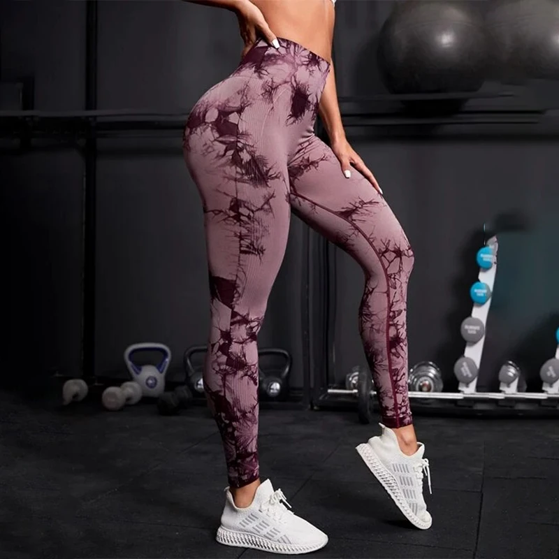 Damskie spodnie do jogi Tie-Dye Hip Lift Ćwiczenia plisowane spodnie fitness z wysokim stanem