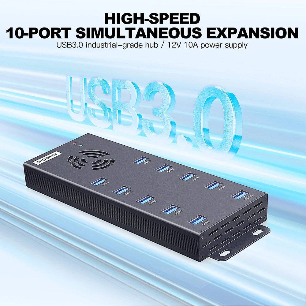 Industrial 10 Port USB 3.0 Hub with 120W 12V 10A Power Adapter Metal Powered USB Hub for PC Laptop