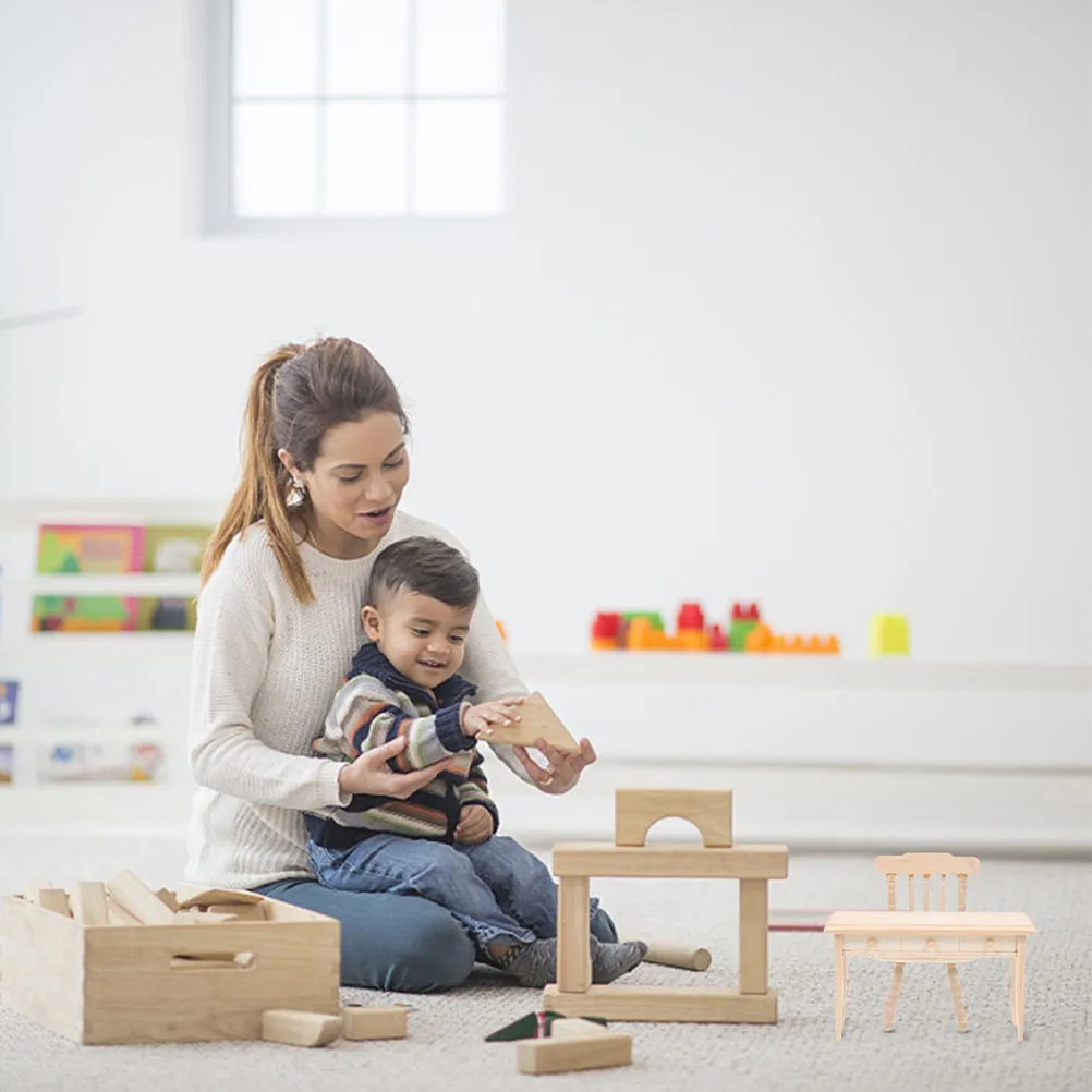 

1Set Miniature Desk Chair Kit Natural Wood Material Smooth Finish Dollhouse Interior Decoration Kids Imagination Building Set