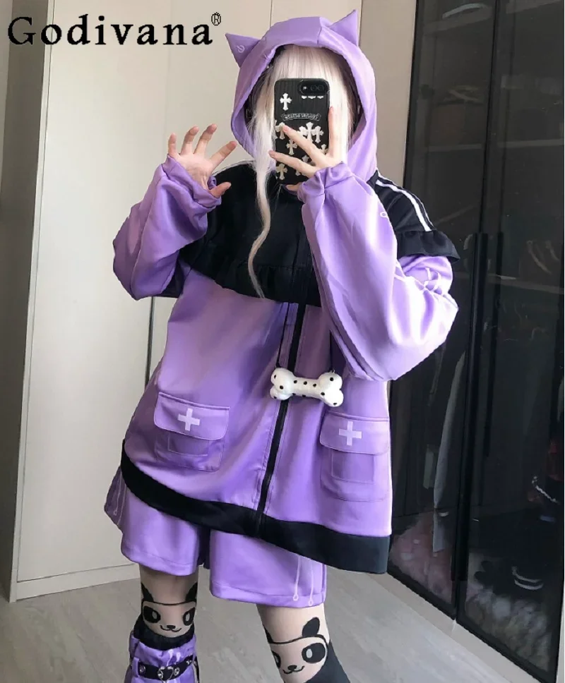 

2024 Autumn Winter Women Subculture Y2k Mine Original Cute Sweet Cat Ear Hooded Shorts Set Girl Loose Slim Women Three Piece Set