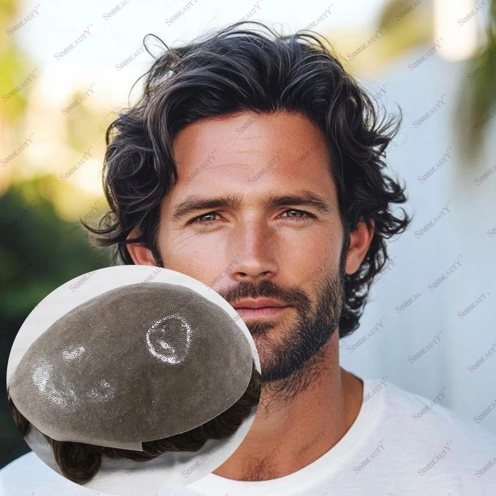 

Undetectable 0.06mm Microskin Human Hair Men's Toupee 30mm Fluffy Male Hair Replacement Prosthesis 130%Density Natural Look Wig