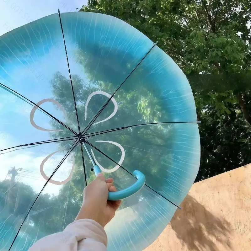 For Fashion Romantic Sea Moon Jellyfish Transparent Umbrella Gradient Water Blue Curved Hook Straight Handle Waterproof Photo
