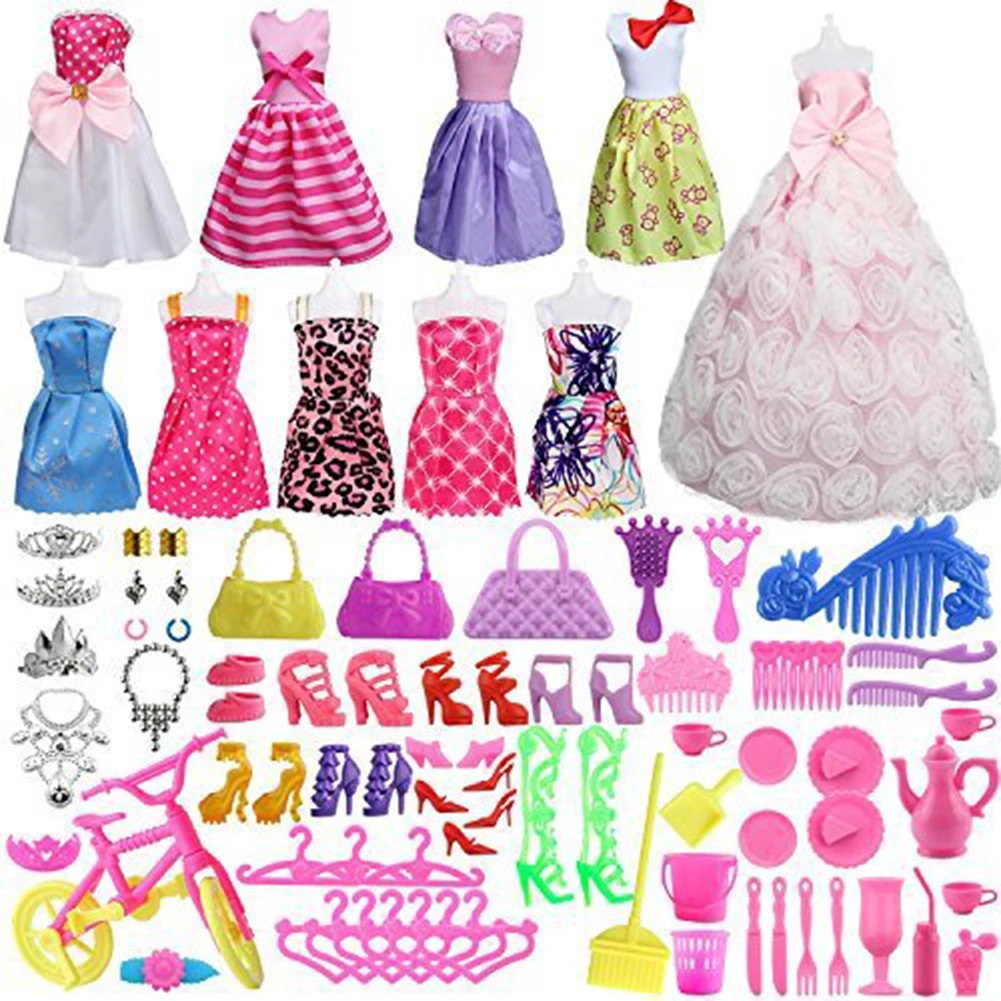 

85Pcs Barbies Doll Clothes Shoes Boots Mini Dress Accessories for Barbie Doll Mini Dress Hangers Shoes Rack Birthday Gift