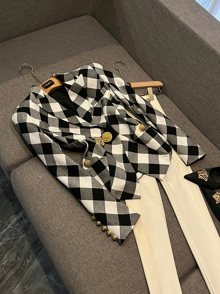 

Приталенный клетчатый костюм-джат с большим металлическим синим билом, белый цвет, осень-зима, элитная женская повседневная одежда в европейском стиле