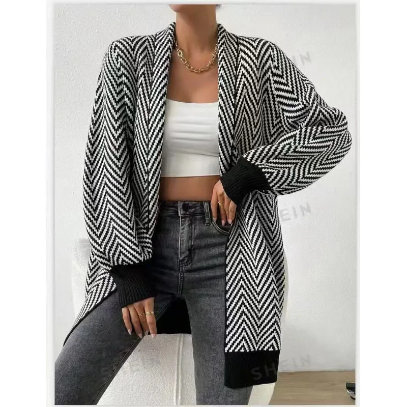 2024 Winter New Mid-Length Casual Knit Cardigan with Striped Color-Blocking - Women's Sweater