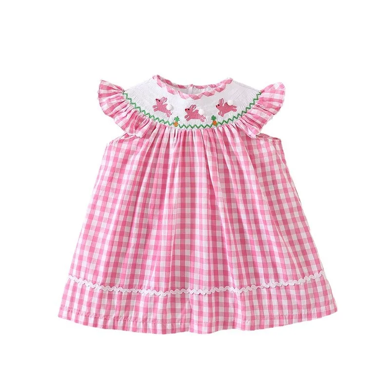 

Summer Spanish Girls Smocked Dress Pink Plaid Cute Bunny Embroidery Cotton Flutter Sleeve Princess Soft Breathable Casual Dress