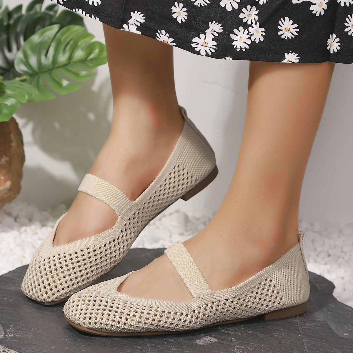 Große Größen Damen-Flachschuhe, Atmungsaktive Gestrickte Sneaker, Weiche Ballett-Loafer, Lässige Slip-On Bootsschuhe für Frauen – Detail 9