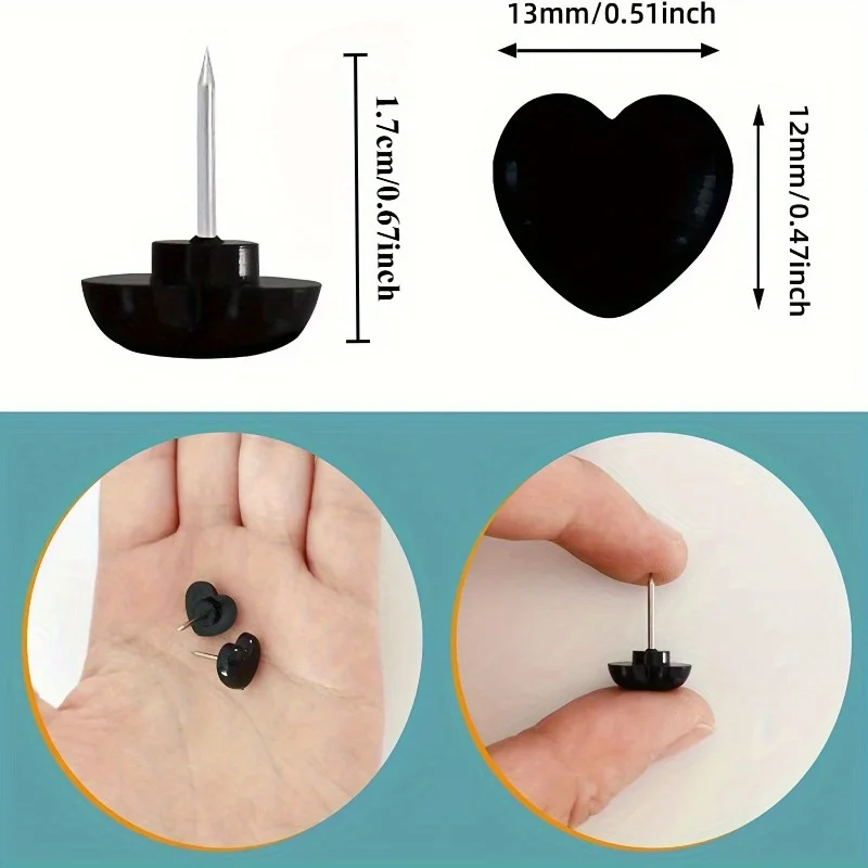 Durable Steel 50pcs Heart-Shaped Push Pins - Black Thumbnails with Plastic Hearts for Photo Walls, Posters, Greeting Cards