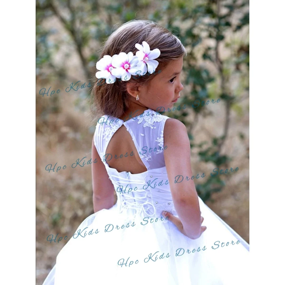 Custom White Lace Flower Girl Dress Wedding First Communion Sleeveless Tulle Tiered Skirt Bridesmaid Gown Special Occasion