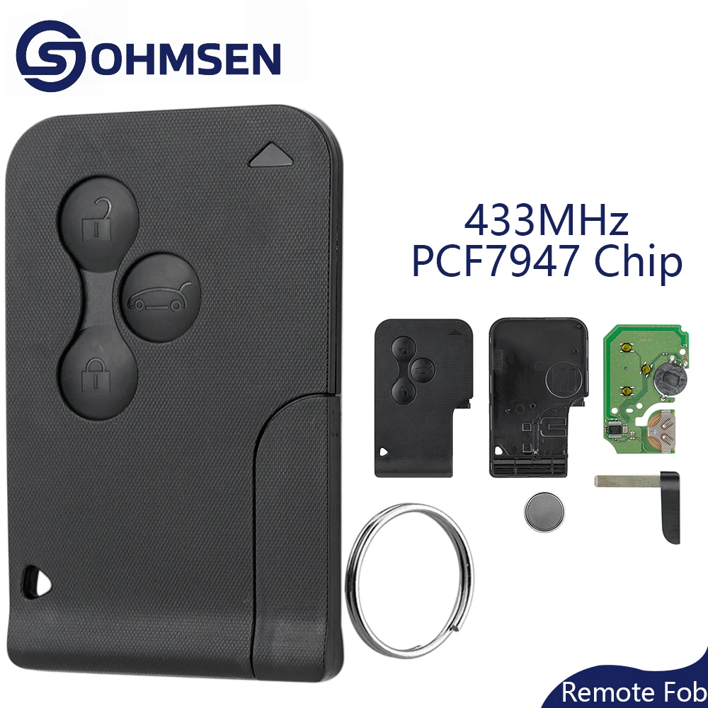 

OHMSEN 433MHz Full Remote Key Card Fob 3 Button + PCF7947 Chip for Renault Megane MK2 Scenic Clio